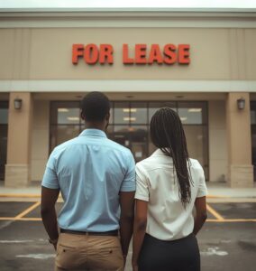 Two business owners looking at a commercial retail building with a red For Lease sign.