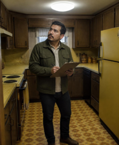 A real estate investor wearing a green jacket and jeans, holding a clipboard and pen, conducting a detailed home inspection and walkthrough of an older, dated kitchen with yellow appliances.